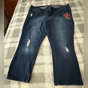 Gently Used Torrid Dark Blue Crop Straight Leg Jeans with Floral Embroidery